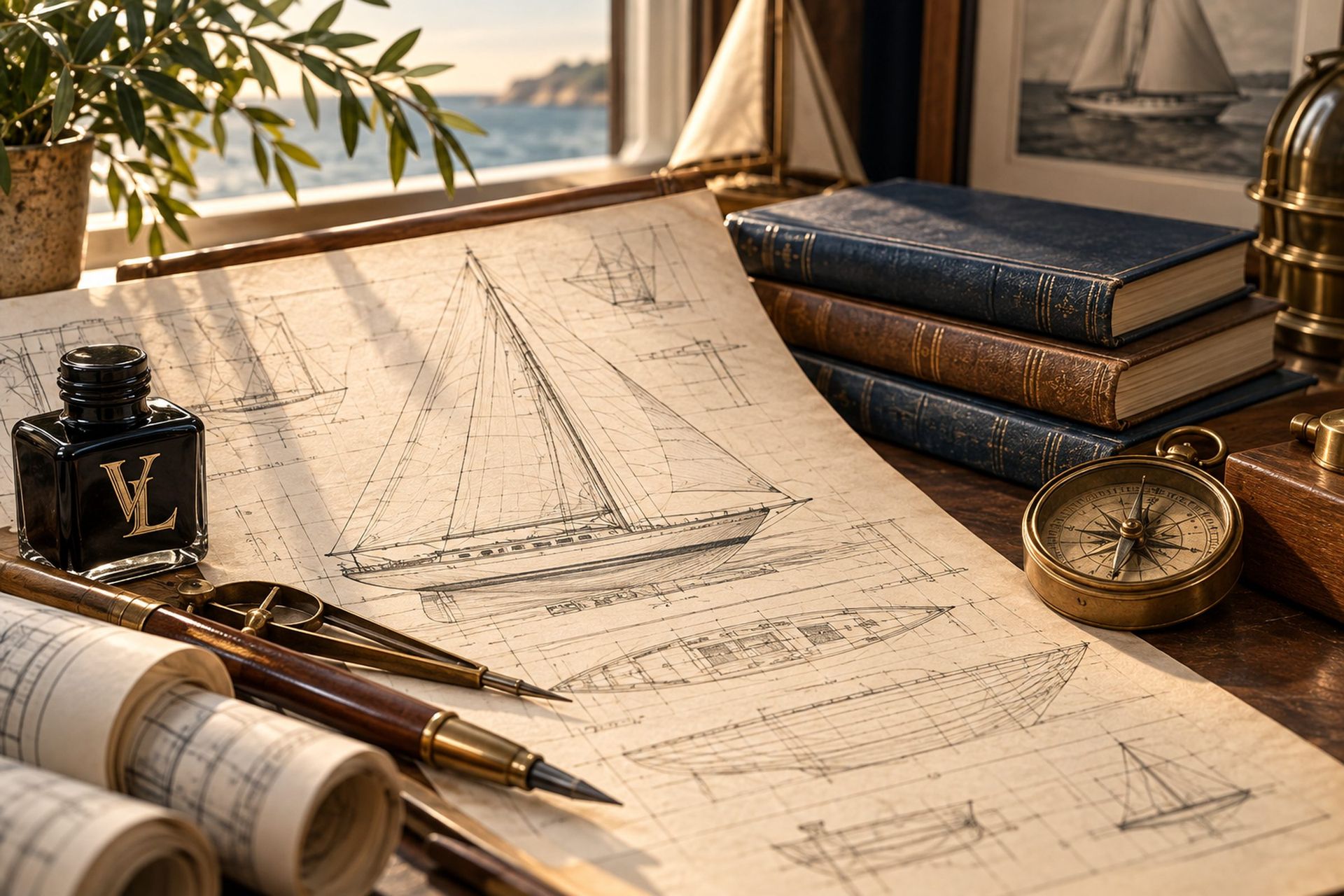 A yacht blueprint unrolled on a wooden desk beside brass dividers, a compass, and an inkwell, with the water visible through the window