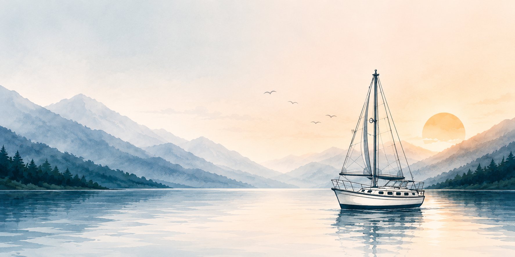 A sailboat resting on calm water at sunrise with soft mountains in the distance